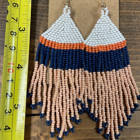 Multi Seed Bead Dangle Earrings - White/Navy/Peach - Picture 3 of 3